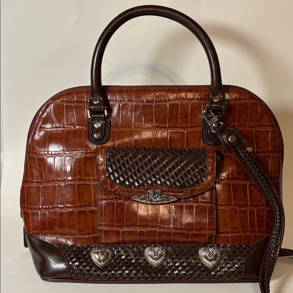 MC Marc Chantal Brown Crocodile Pattern Handbag Woven Leather Straps 15x10x5.5